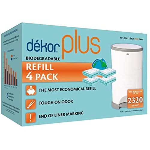 Dekor Plus Diaper Pail Biodegradable Refills | 4 Count | Most Economical Refill System | Quick and Simple to Replace | No Preset Bag Size – Use Only What You Need | Exclusive End-of-Liner Marking