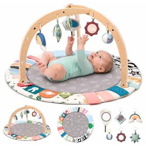 Baby Play Gym Mat with 5 Development Zones, Montessori Tummy Time Mat with 6 Detachable Sensory Toys for Motor Skills Development, Newborn Activity Gym for Babies, Easy Clean, Baby Essentials Gift