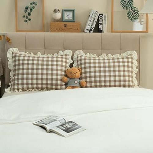 Pillow Shams Set of 2 Yarn-Dyed Pure Cotton Retro Ruffle Flounces Trim Brown Check Decorative Pillow Cases for Home Bedroom Decor King 20x36 Inch