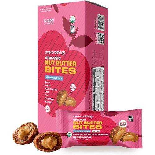 Sweet Nothings, Apple Cinnamon, USDA Organic Nut Butter Bites Protein Bar, Nut & Date Snack, Filled with Peanut Butter, 12-2 Bite Value Packs - No Added Sugar, Plant Based, Vegan, Only 7 Ingredients