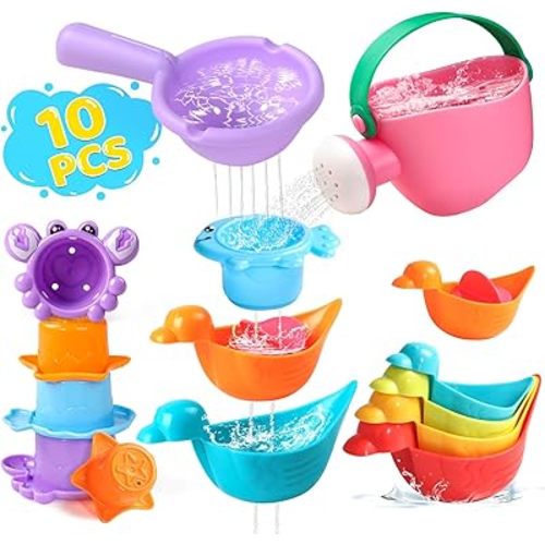 Toddler Bath Toys for Kids Ages 1-3 10 PCS Baby Bath Toys Mold Free with Multi Color & Shape Stacking Cups Bathtub Sand Pool Water Toys for 1 2 3 4 5 6 Birthday Gifts