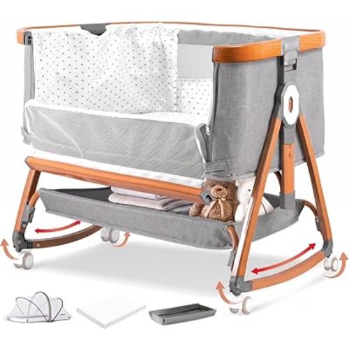Bedside Bassinet, Baby Rocking Crib with Adjustable Height, Grey
