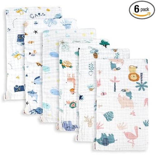 Maliton Muslin Baby Burp Cloths 6 Pack Large 20''x10'' 100% Cotton Burp Rags Absorbent and Soft 6 Layers Muslin Cloth Baby Essentials for Newborn(Zoo Pattern, Pack of 6)