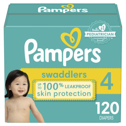Pampers Swaddlers Size 4 Diapers, 120 Count - New & Improved, 100% Leakproof, Wrap & Protect System