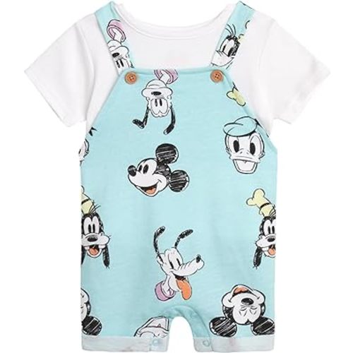 Disney Baby Boys' Overall Short Set, 2-Piece Mickey Mouse & Winnie The Pooh Shortall Romper T-Shirt Short Set (0-3M – 24M)