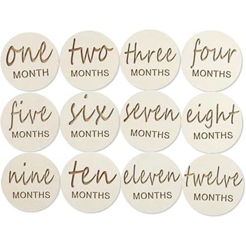 12pcs Wooden Baby Monthly Milestone Cards,Pregnancy and Baby Growth Monthly Milestone Wood Discs,Milestone for Baby Boy,Months Signs Milestone for Baby Girl,Fathers Day Gift