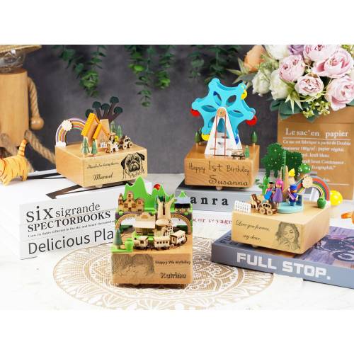 Personalized Engraved Keepsake Carousel Music Box,Wooden Ferris Wheel/Trains/Rainbow/Pumpkin Carriage Music Box,Souvenir Gift For Baby/Kids