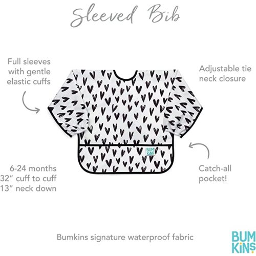 Bumkins Sleeved Bib Baby Bib, Toddler Bib, Smock, Waterproof Fabric, Fits Ages 6-24 Months - Black Hearts