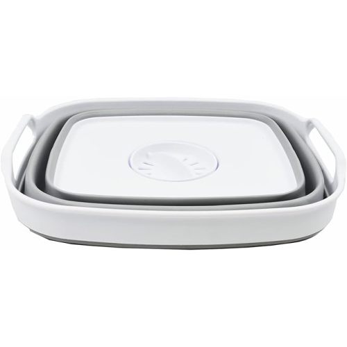 SAMMART 7.5L (2 Gallons) Collapsible Dishpan with Draining Plug - Foldable Washing Basin - Portable Dish Washing Tub - Space Saving Kitchen Storage Tray (White/Grey, 1)