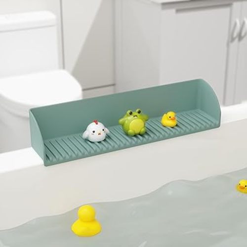 Bathtub Splash Guard for Tub - Silicone Tub Water Splash Guard with 4 Suction Cups, Bath Toy Holder, Tub Play Shelf for Kids, Bathtub Side Splash Guard Tray, Toddler Bathroom Essentials, 1Pack, Aqua