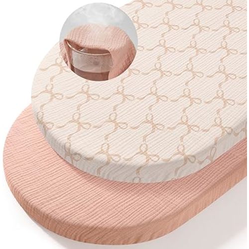 Basumee Muslin Bassinet Sheets for Baby Girl Boy 2 Pack Soft Breathable Baby Bedside Bassinet Fitted Sheets with Bottom Elastic Band Mattress Cover for Rectangle Oval Hourglass Bassinets
