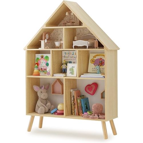 Kids Dollhouse Bookshelf and Baby Storage - Wooden Stand Dollhouse Bookcase with 4-Tier Storage Display Organizer, Children Bookshelf for Playing Room, Nursery - Natural Wood Color