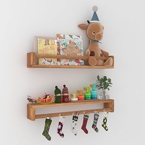 Heimlove Floating Shelves, Rustic Natural Solid Wood Wall Nursery Shelves - Book Shelves for Kids Room, Bedroom, Kitchen, Living Decor (Carbonized, 24inch - 2P)