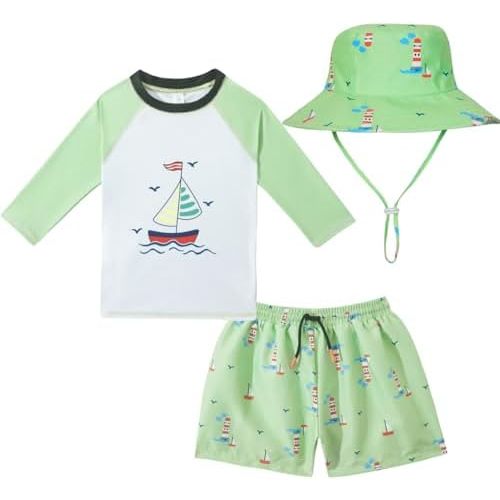 Toddlers and Baby Boys' 3-Piece Swimsuit Trunk and Rashguard Sun Hat Set