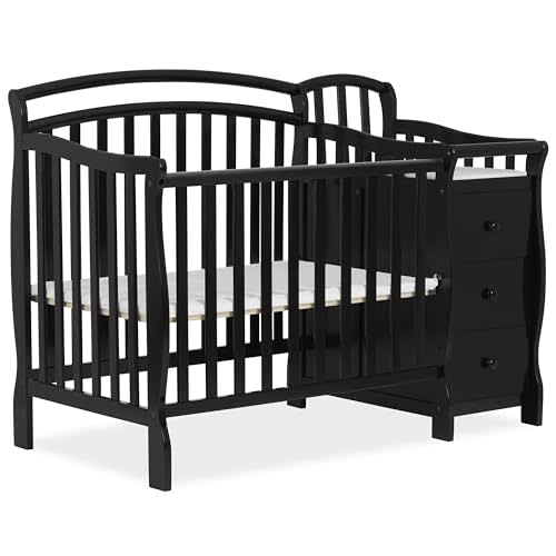 Dream On Me Casco 3-In-1 Mini Crib And Changing Table In Black, Convertible Crib, Made Of Pinewood, Three Position Adjustable Mattress Height Settings