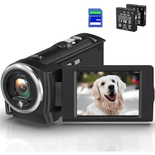 GOGERLY Video Camera Camcorder 2.7K QHD 50MP YouTube Vlogging Camera 16X Digital Zoom Webcam 270 Degree Rotation Screen Camcorders with 32G SD Card and 2 Batteries Recording While Charging
