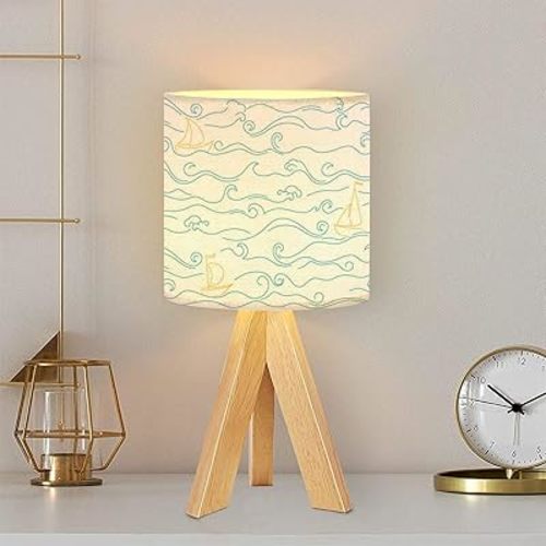 Tripod Table Lamp Seamless pattern ocean surf wave ships blue sailboat Cute pattern for Modern Bedside Dimmable Desk lamp Wooden Base Fabric Lampshade for Kids Room, Nursery, Bedroom, Living Room