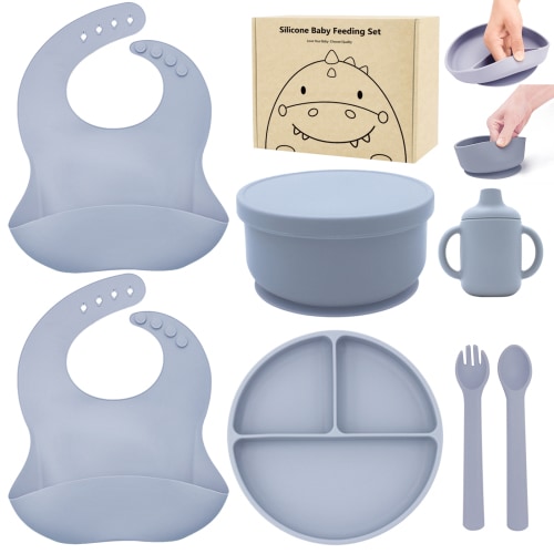 Silicone Baby Feeding Set,Baby Led Weaning Supplies Include Suction Plate & Bowl, Spoon, Fork,Bibs,Sippy Cup, 7-Pcs