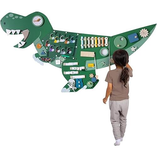 Dinosaur Activity Wall Busy Board - Wooden Sensory Wall Panel for Kids & Toddler Wall Activity - Interactive Montessori Wall Activity Board for Boys & Girls - Perfect for Playroom Daycare Waiting Room