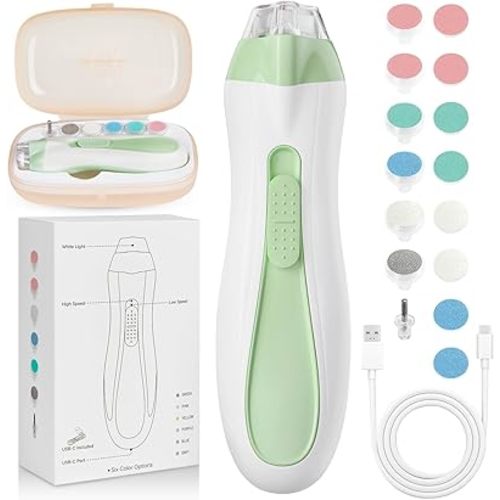 Baby Nail File Electric - Rechargeable Baby Nail Clippers, 15 in 1 Gentle Baby Nail Trimmer Electric with Light and 15 Grinding Pads, Baby Nail Care Set for Infant Toddler, Green