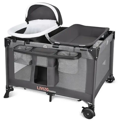 LIVINGbasics 4 in 1 Baby Playard, Foldable Baby Bassinet with Removable Cradle and Changing Table for Home/Travel/Outdoor