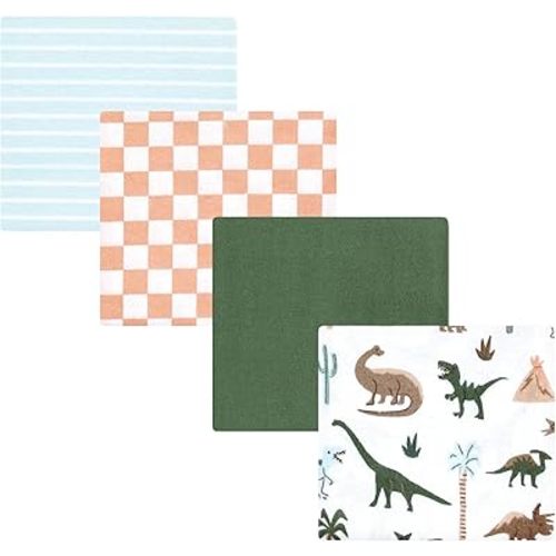 Hudson Baby Unisex Baby Cotton Rich Flannel Receiving Blankets 4-Pack, Retro Dinosaur, One Size