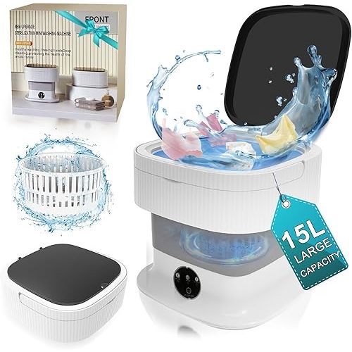 Mini Portable Washing Machine, 15L 60W Small Foldable Washer with Spin Dryer, Collapsible Luandry Washer, lavadora PortatilCompact for Baby Clothes, Underwear, Travel Camping Dorm Apartments Gray