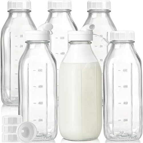 Liter Glass Milk Bottles w 100% Airtight Heavy Duty Screw Lid & 2 Dispenser- 6 Pack 32 Oz Drinking Jars - Food Grade Glass Bottles for Milk, Honey, Jam - Dishwasher Safe(Extra 2 Lids and Stickers)