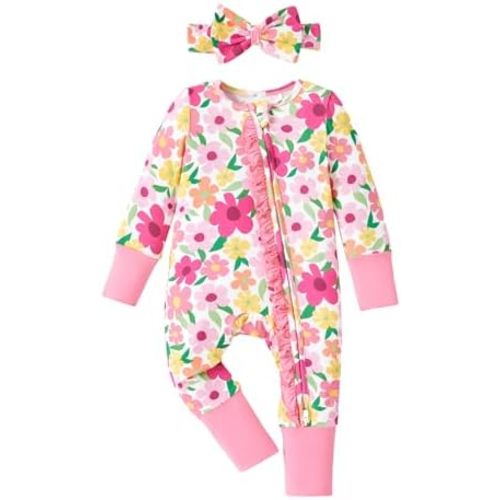 PATPAT Baby Footie Girls - Supersoft Bamboo Viscose - Unisex Infant Clothes - 2 Way Zipper & Mitten & Ruffle Trim & Headband