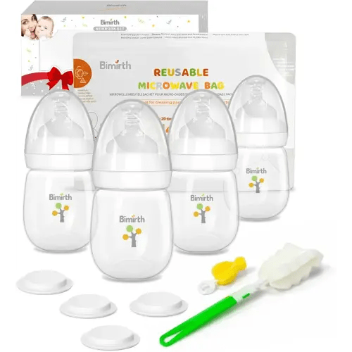 Bimirth 11-Piece Baby Bottle & Milk Storage Bottle Gift Set, 6oz/180ml Wide-Neck BPA-Free Feeding Bottles with Anti-Colic Nipples, Storage Lids, Cleaning Brushes & Reusable Steam Bag for Newborns