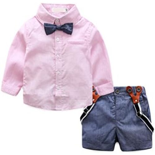 Baby Boy Summer Cotton Gentleman Long Sleeve Bowtie Romper Suspenders Shorts Outfit Set