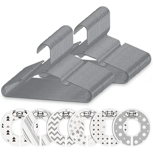 Minnebaby Plastic Baby Hangers 60 Pack, Ultra Thin No Slip Infant Nursery Clothes Hangers with 6 Pcs Cute Clothing Dividers for Boys & Girls Closet Organizer, Gray Kids Hangers