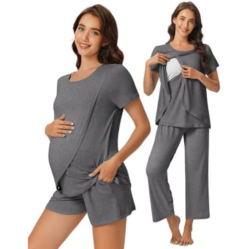 Ekouaer 3 PCS Maternity Nursing Pajamas Set Postpartum Breastfeeding Short Sleeve Shirts, Pregnancy Shorts & Pants Pjs S-XXL