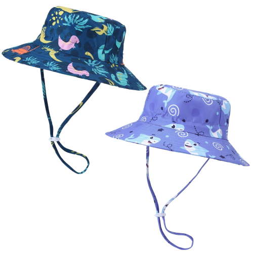 Bocaoying 2 Pack Baby Sun Hat, UPF 50+ Dinosaur Shark Kids Bucket Hat, Summer Toddler Beach Hats, Wide Brim Outdoor Hat for Boys 6 Months - 2 Years Old