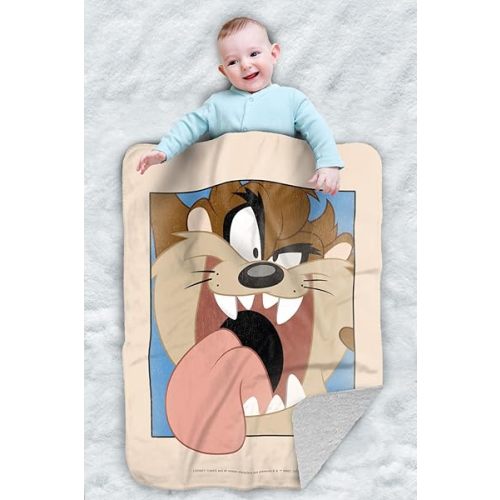 Looney Tunes Taz Closeup Sherpa Baby Blanket, Warm Soft Cozy, Unisex for Infants Girls & Boys 30"X40"
