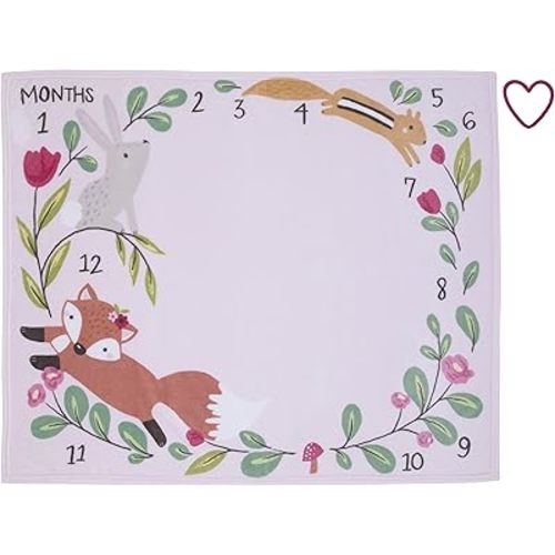 Little Love by NoJo Woodland Animals Pink and Green Bunny, Fox and Squirrel Super Soft Photo Op Milestone Baby Blanket
