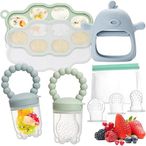 Baby Feeding & Teething Kit, Breastmilk Popsicle Molds, Food Freezer Tray, Baby Fruit Food Feeders, Baby Teething Mitten, 3 Extra Food Pacifiers & Storage Bag for Infant Newborn, BPA Free