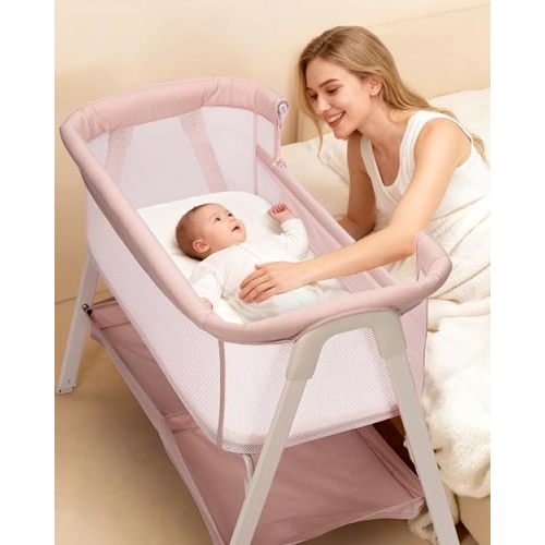 JevrJeur Baby Bassinet, Bedside Bassinet for Baby, Bassinet Bedside Sleeper with Mattress, Storage Basket and 4 Auto-Lock Wheels, Full-Mesh Sides, Bedside Mini Crib for Newborn (Pink)