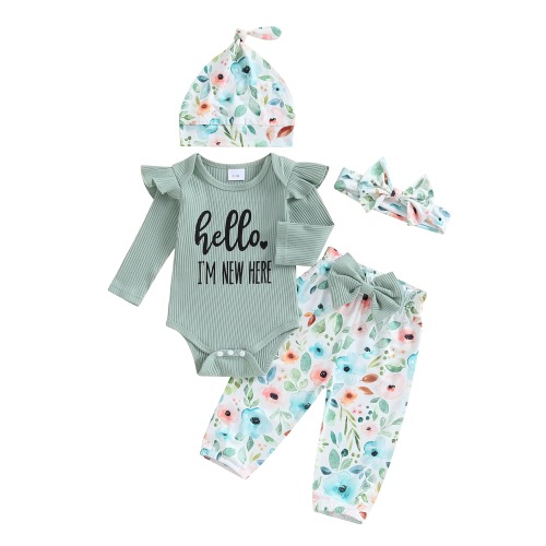 Newborn Baby Girl Clothes Hello I'm New Here Letter Romper+Floral Pants+Hat+Headband+Coming Home Outfits