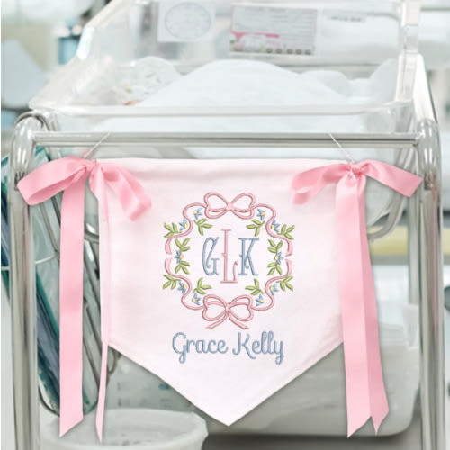 Embroidered Baby Name Sign Personalized Baby Announcement Sign Newborn Baby Banner with Bows Baby Hospital Name Sign Canvas Hanging Pennant Flag Custom Infant Baby Name Baby Shower Banner (13)