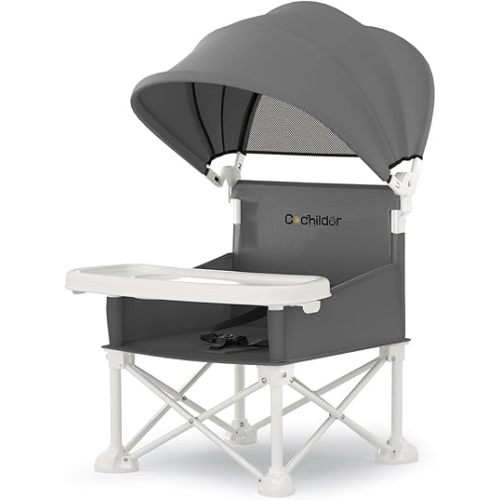 Cochildor 4-in-1 Portable Baby Chair, Foldable Toddler Booster Seat with Removable Tray, Canopy & Safety Harness, Gray