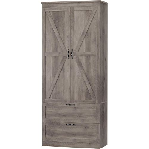 HOSTACK 70" Tall Kitchen Pantry Storage, Barn Doors Pantry Cabinet with Drawers and Adjustable Shelf, Modern Farmhouse Storage Cabinet for Kitchen, Dining Room, Living Room, Bathroom, Ash Grey