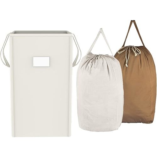 MCleanPin 210L Laundry Hamper Collapsible with 2 Washable Laundry Bags, Dirty Clothes Hamper,Laundry Basket with Handles Foldable Hamper Dorm Laundry Basket for College (Cream White)