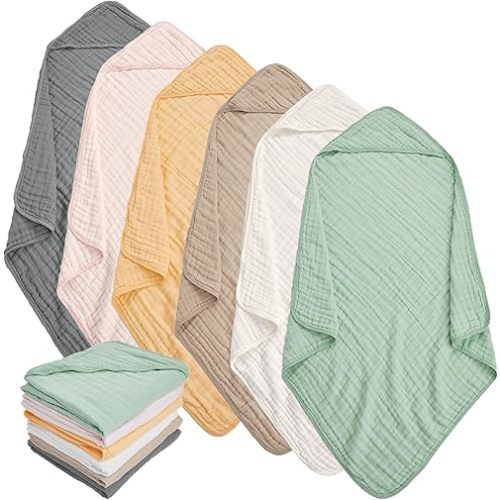 Muslin Hooded Baby Towels 6 Pack - 32x32 Inches, Premium 6-Layer 100% Cotton Extra Soft Absorbent Bath Towels for Infant, Newborn Gift Set (6 Pure Colors)