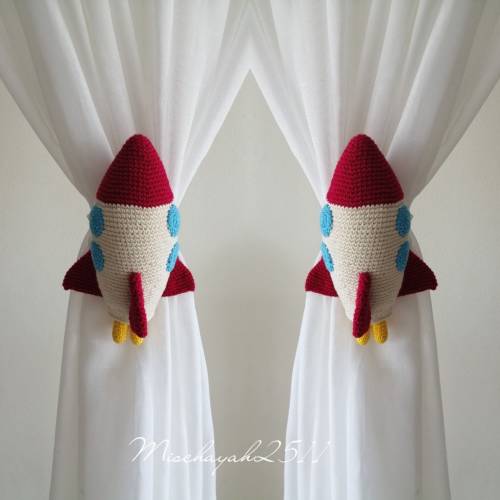 Rocket Tiebacks, Rocket crochet, Rocket Ship Crochet Tie Backs, Nursery Curtain Tie Backs, (Made to order)