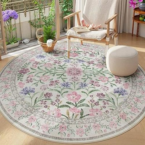 Wonnitar Floral Washable Round Rugs 6ft, Purple Circle Rugs for Bedroom Girls Dorm, Ultra-Thin Non Slip Boho Carpet for Nursery Girls Room Decor Living Room Playroom, Light Purple/Pink