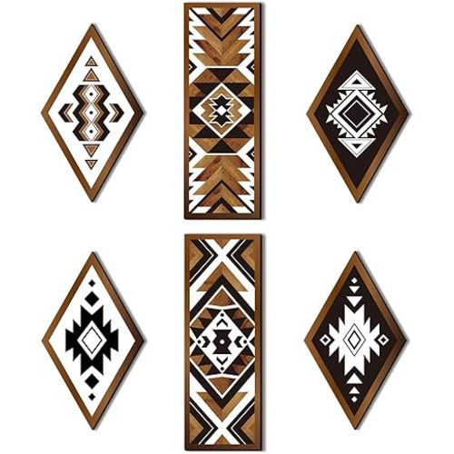 Tatuo 6 Pcs Farmhouse Southwest Home Wall Decor Frame Wall Hanging Boho Modern Abstract Art Prints Wooden Decorations for Bedroom Bathroom Apartment Mexican Decor(Rhombus, Rectangle)