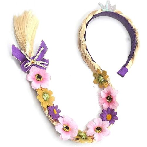 Princess Dress up Wigs, Princess Rapunzel Long Braided Wig Headbands with Tiara Flowers Adorn for Girls Costume Accessories, 29 Inch