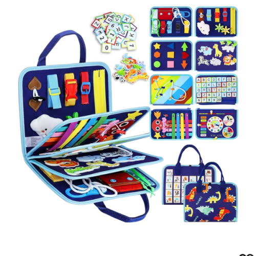 Esjay Toddler Busy Board Montessori Toys, Sensory Board Educational Activities for Learning Fine Motor Skills, Gifts for Girls Boys Toddlers, Travel Toys for Airplane Car,Blue Dinosaur