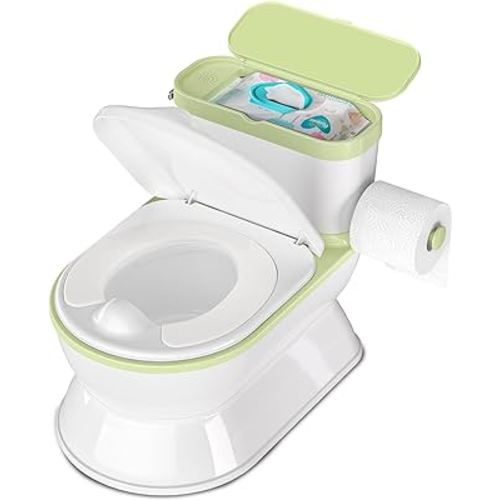 2-in-1 Toddler Potty Training Toilet - Larger Potty Chair & Detachable Training Seat for Boys & Girls Ages 1-3 with Flushing Sound, Wipes Storage, Toilet Paper Holder - Green